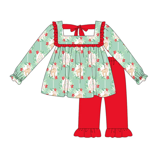 5.20 Preorder (moq 5)Baby Girls Long Sleeves Green Trees Deer Tunic Red Ruffle Pant Set
