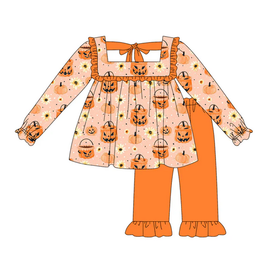 5.20 Preorder (moq 5)Baby Girls Long Sleeves Orange Pumpkins Flowers Tunic Ruffle Pant Set