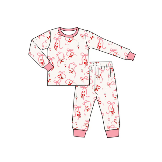5.20 Preorder (moq 5)Baby Girls Long Sleeves Pink Bows Santa Top Pant Pajamas Set