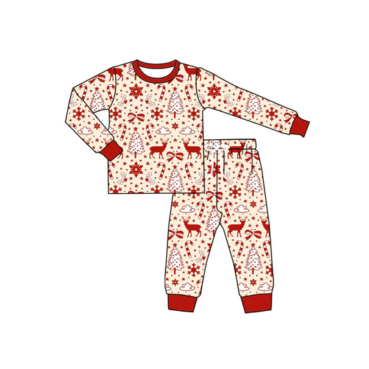5.20 Preorder (moq 5)Baby Girls Long Sleeves Red Snowflake Deer Candy Cane Top Pant Pajamas Set