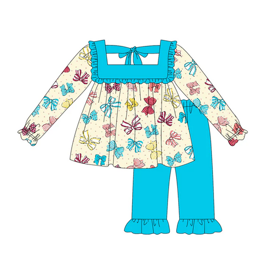 5.20 Preorder (moq 5)Baby Girls Long Sleeves Colorful Bows Tunic Blue Ruffle Pant Set