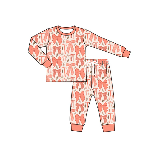5.20 Preorder (moq 5)Baby Boys Long Sleeves Peach Leaves Bows Top Pant Pajamas Set