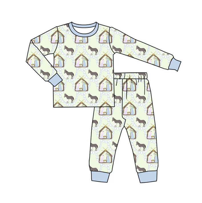 5.20 Preorder (moq 5)Baby Boys Long Sleeves Blue Donkey Jesus Plaid Top Pant Pajamas Set