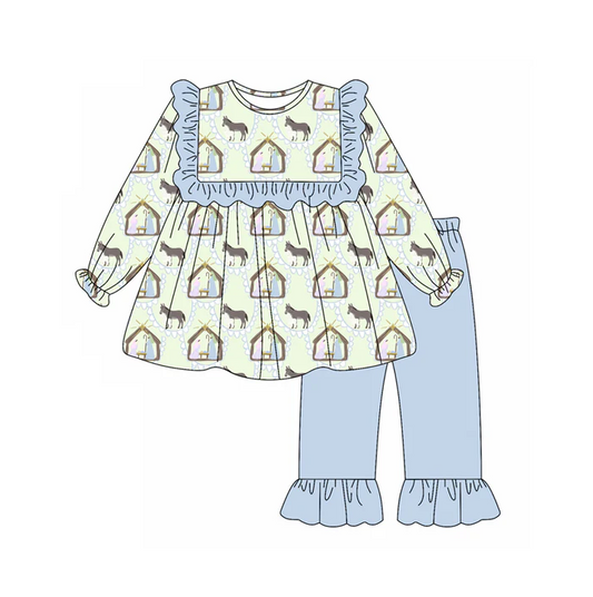 5.20 Preorder (moq 5)Baby Girls Long Sleeves Blue Donkey Jesus Plaid Tunic Ruffle Pant Set