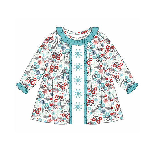5.20 Preorder (moq 5)Baby Girls Long Ruffle Sleeves Blue Red Snowflake Flowers Knee Length Dresses