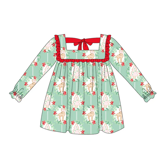 5.20 Preorder (moq 5)Baby Girls Long Ruffle Sleeves Green Trees Deer Plaid Knee Length Dresses