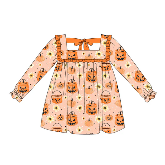 5.20 Preorder (moq 5)Baby Girls Long Ruffle Sleeves Orange Pumpkins Flowers Knee Length Dresses