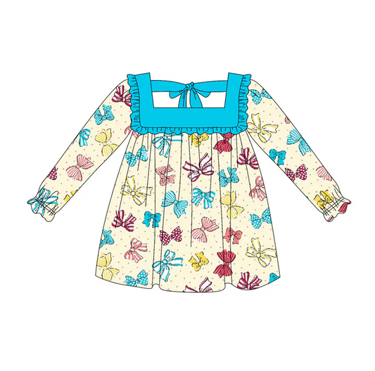 5.20 Preorder (moq 5)Baby Girls Long Ruffle Sleeves Colorful Bows Plaid Knee Length Dresses