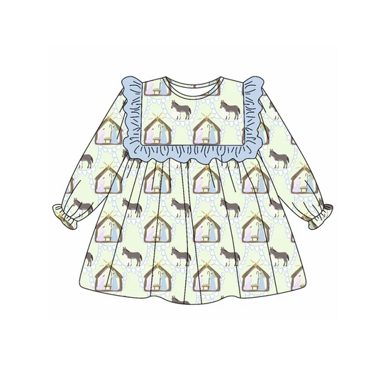 5.20 Preorder (moq 5)Baby Girls Blue Long Ruffle Sleeves Donkey Jesus Plaid Knee Length Dresses