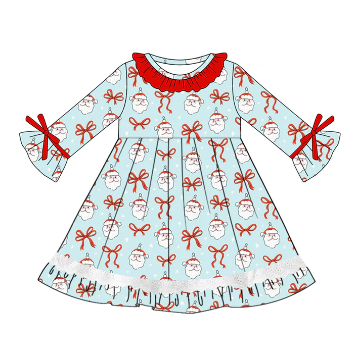 5.20 Preorder (moq 5)Baby Girls Blue Long Ruffle Sleeves Bows Santa Lace Knee Length Dresses