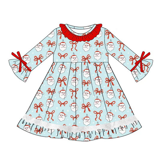 5.20 Preorder (moq 5)Baby Girls Blue Long Ruffle Sleeves Bows Santa Lace Knee Length Dresses