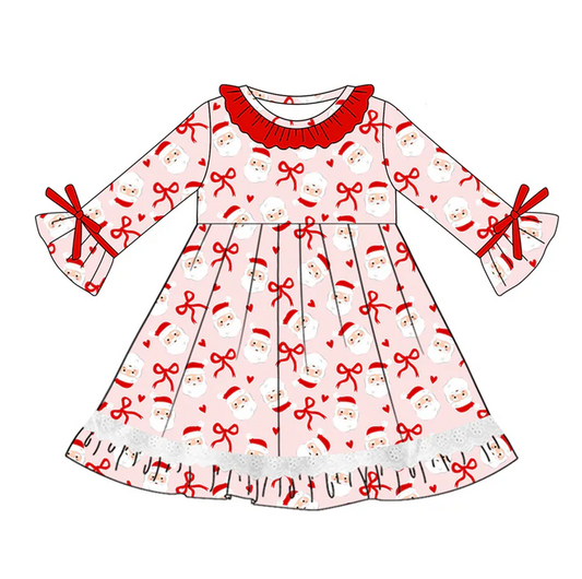 5.20 Preorder (moq 5)Baby Girls Long Ruffle Sleeves Red Bows Santa Lace Knee Length Dresses