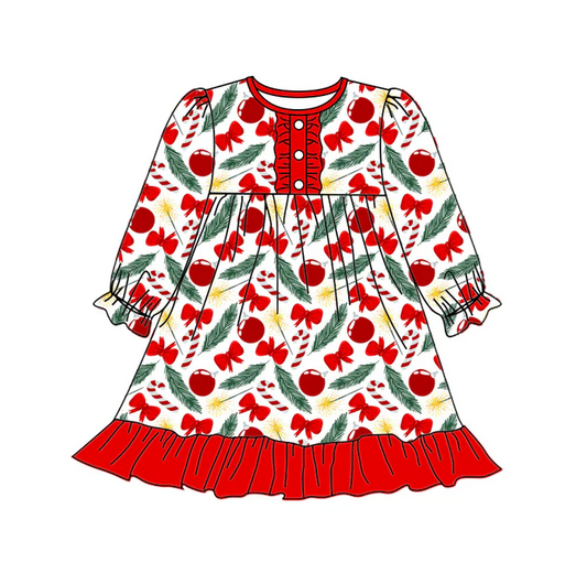 5.20 Preorder (moq 5)Baby Girls Long Ruffle Sleeves Red Bows Cherry Button Knee Length Dresses