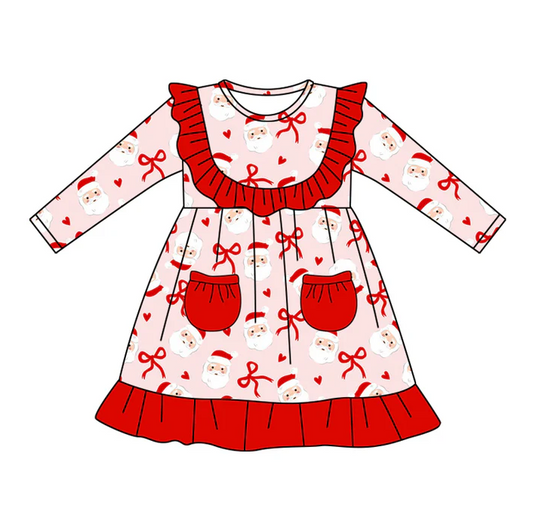 5.20 Preorder (moq 5)Baby Girls Red Long Sleeves Bows Santa Pockets Ruffle Knee Length Dresses