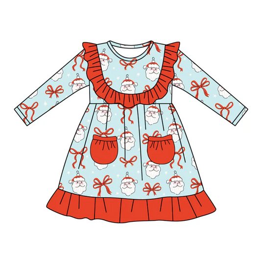 5.20 Preorder (moq 5)Baby Girls Blue Long Sleeves Bows Santa Pockets Ruffle Knee Length Dresses