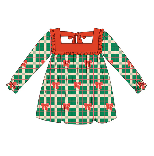 5.20 Preorder (moq 5)Baby Girls Long Ruffle Sleeves Green Plaid Red Bows Knee Length Dresses