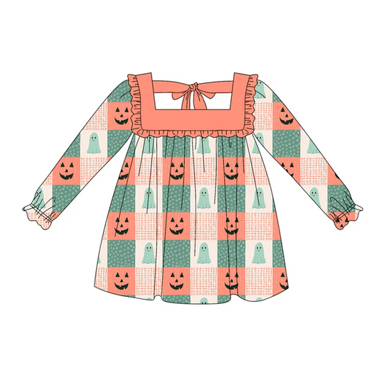 5.20 Preorder (moq 5)Baby Girls Long Ruffle Sleeves Orange Green Ghost Pumpkins Plaid Knee Length Dresses