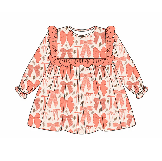 5.20 Preorder (moq 5)Baby Girls Long Ruffle Sleeves Peach Leaves Bows Knee Length Dresses