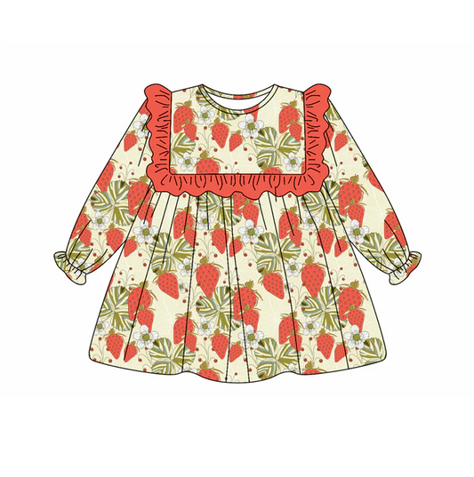 5.20 Preorder (moq 5)Baby Girls Long Ruffle Sleeves Leaves Strawberry Knee Length Dresses