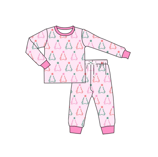 5.20 Preorder (moq 5)Baby Girls Long Sleeves Pink Stars Trees Top Pant Pajamas Set