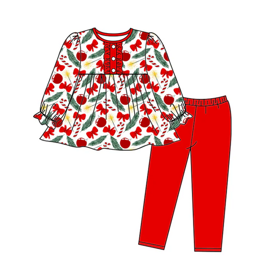 5.20 Preorder (moq 5)Baby Girls Long Ruffle Sleeves Red Bows Cherry Button Tunic Legging Pant Set