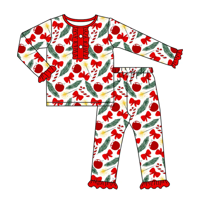 5.20 Preorder (moq 5)Baby Girls Long Ruffle Sleeves Red Bows Cherry Button Top Pant Pajamas Set