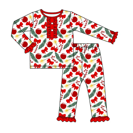 5.20 Preorder (moq 5)Baby Girls Long Ruffle Sleeves Red Bows Cherry Button Top Pant Pajamas Set