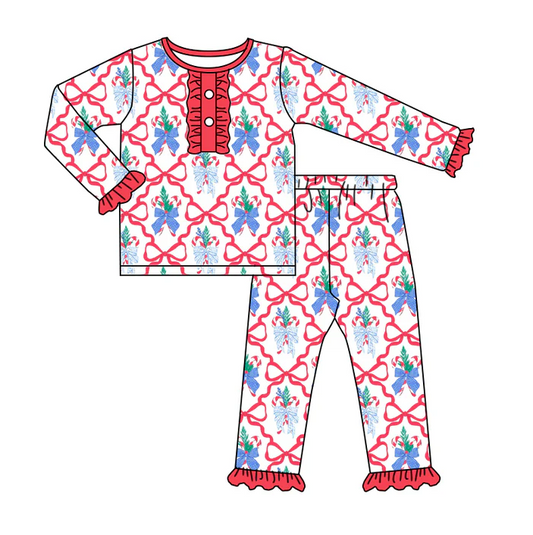 5.20 Preorder (moq 5)Baby Girls Long Ruffle Sleeves Red Bows Gingerbread Plaid Top Pant Pajamas Set