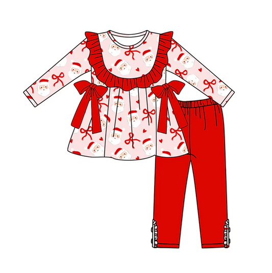 5.20 Preorder (moq 5)Baby Girls Red Long Sleeves Bows Santa Tunic Legging Pant Set