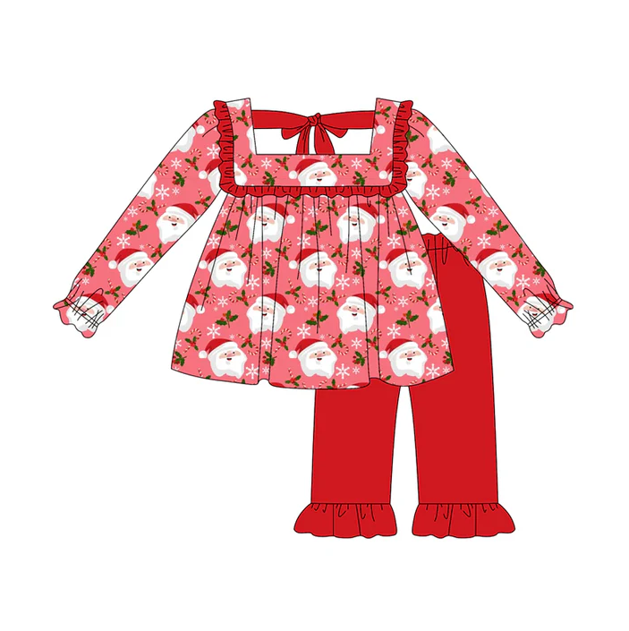 5.20 Preorder (moq 5)Baby Girls Short Ruffle Sleeves Santa Plaid Tunic Ruffle Pant Set