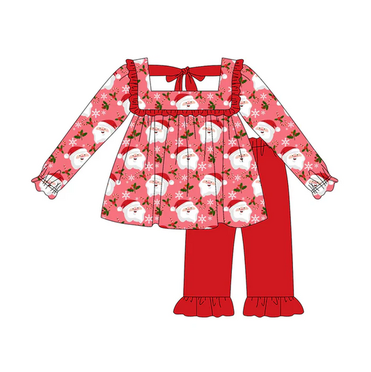 5.20 Preorder (moq 5)Baby Girls Short Ruffle Sleeves Santa Plaid Tunic Ruffle Pant Set