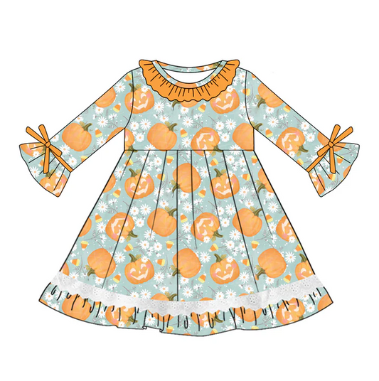 5.20 Preorder (moq 5)Baby Girls Blue Long Ruffle Sleeves Floral Pumpkins Knee Length Dresses