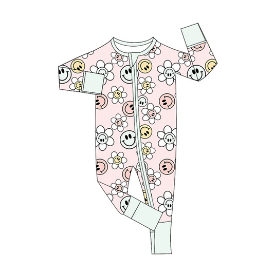 5.21 Preorder (moq 5)Baby Girls Pink Long Sleeves Smiles Flowers Zipper Rompers
