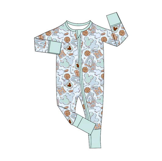 5.21 Preorder (moq 5)Baby Boys Blue Long Sleeves Cartoon Mouse Cookie Zipper Rompers