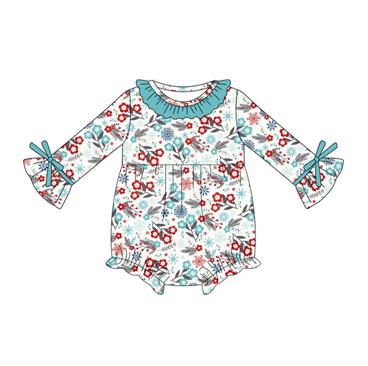 5.21 Preorder (moq 5)Baby Girls Long Sleeves Blue Red Flowers Ruffle Rompers