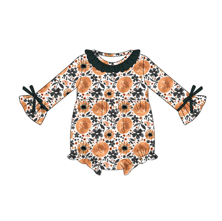 5.21 Preorder (moq 5)Baby Girls Long Sleeves Daisy Floral Pumpkins Ruffle Rompers