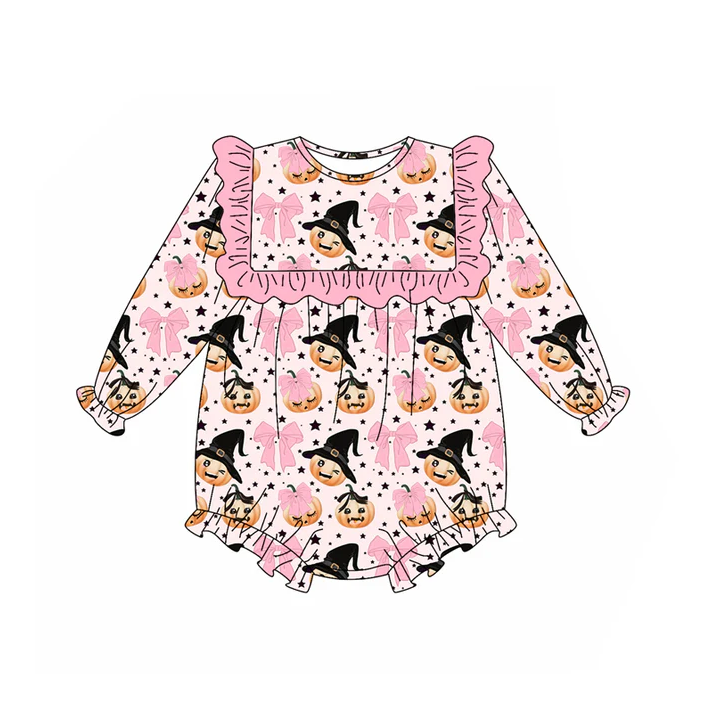5.21 Preorder (moq 5)Baby Girls Pink Long Sleeves Bows Pumpkins Ruffle Rompers