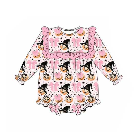 5.21 Preorder (moq 5)Baby Girls Pink Long Sleeves Bows Pumpkins Ruffle Rompers