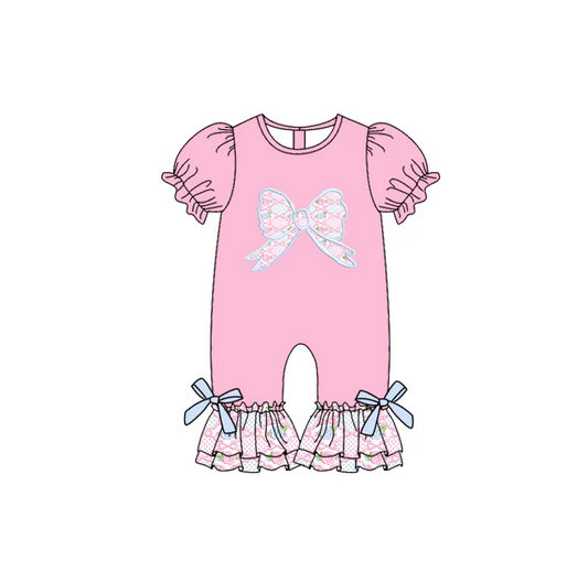 5.21 Preorder (moq 5)Baby Girls Pink Short Ruffle Sleeves Floral Bows Pant Rompers
