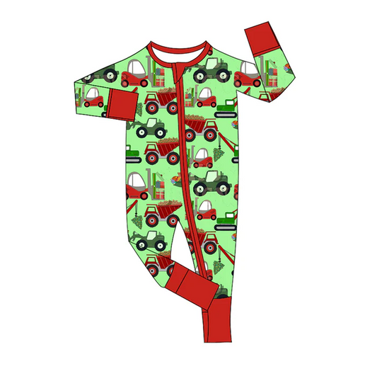 5.21 Preorder (moq 5)Baby Boys Long Sleeves Green Excavators Plaid Zipper Rompers