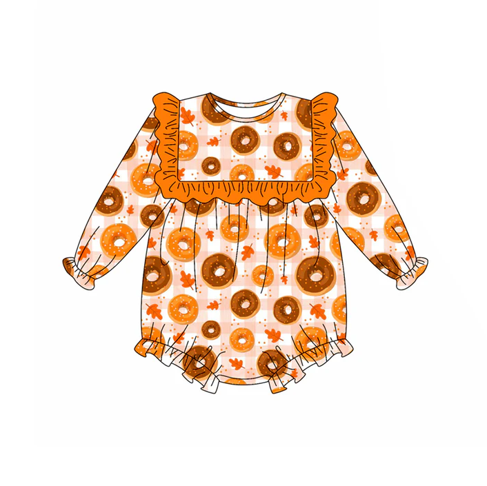 5.21 Preorder (moq 5)Baby Girls Long Sleeves Orange Plaid Leaves Cakes Ruffle Rompers