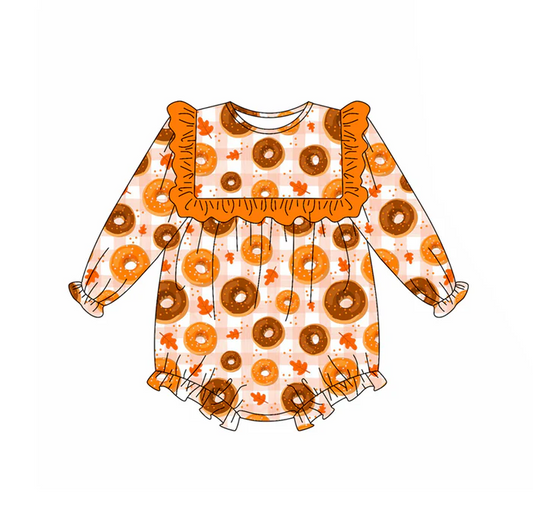 5.21 Preorder (moq 5)Baby Girls Long Sleeves Orange Plaid Leaves Cakes Ruffle Rompers
