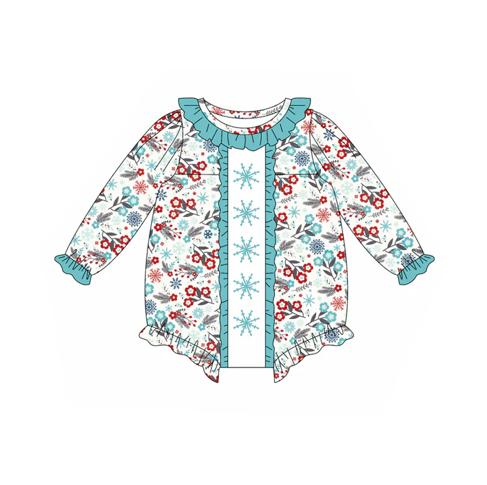 5.21 Preorder (moq 5)Baby Girls Long Sleeves Blue Red Flowers Snowflake Ruffle Rompers