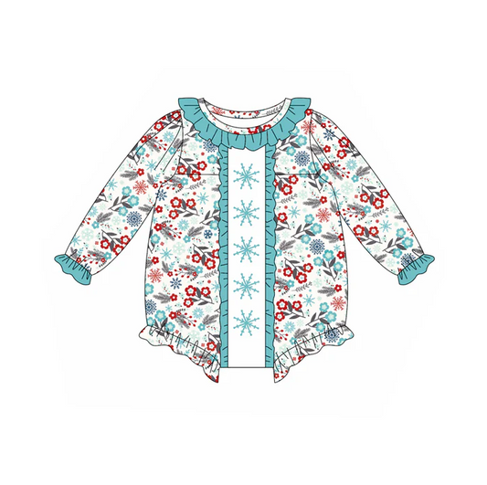 5.21 Preorder (moq 5)Baby Girls Long Sleeves Blue Red Flowers Snowflake Ruffle Rompers