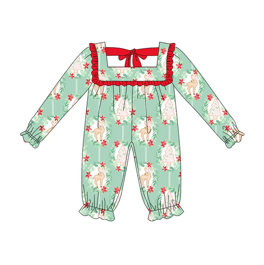 5.21 Preorder (moq 5)Baby Girls Green Long Ruffle Sleeves Deer Flowers Plaid Rompers
