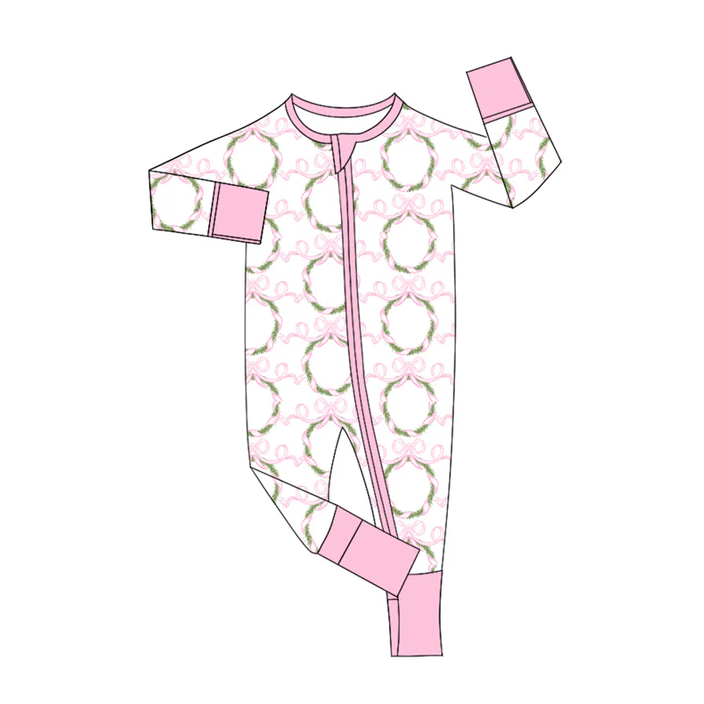 5.21 Preorder (moq 5)Baby Girls Pink Long Sleeves Bows Garland Zipper Rompers