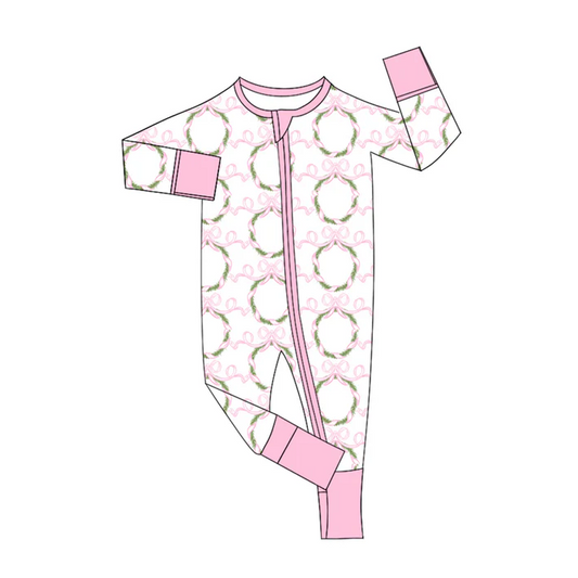 5.21 Preorder (moq 5)Baby Girls Pink Long Sleeves Bows Garland Zipper Rompers