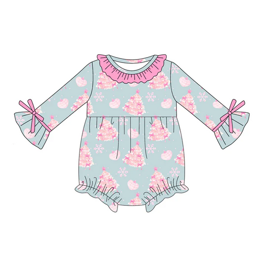 5.21 Preorder (moq 5)Baby Girls Blue Long Sleeves Snowflake Trees Ruffle Rompers