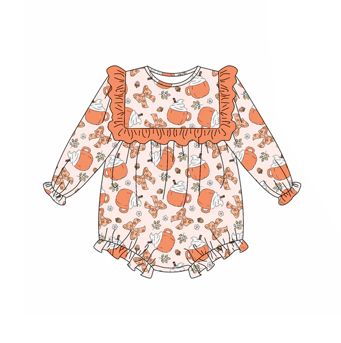 5.21 Preorder (moq 5)Baby Girls Long Sleeves Peach Bows Cups Ruffle Rompers
