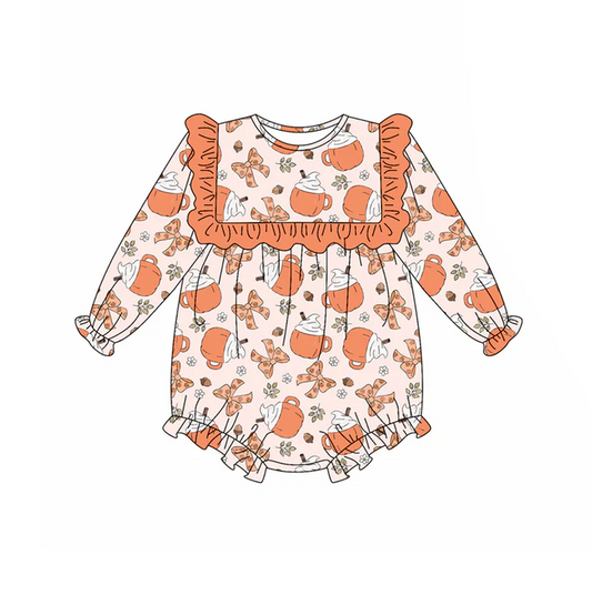 5.21 Preorder (moq 5)Baby Girls Long Sleeves Peach Bows Cups Ruffle Rompers